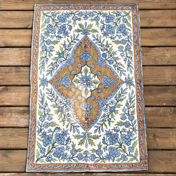 Vintage Kashmiri Chainstitch Embroidered Rug Floral - Picture 1 of 5